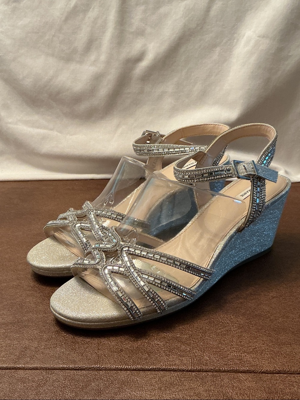 Alex Marie Silver Glitter Wedge Sandals with Rhinestone Detail Ankle Strap Sz 10